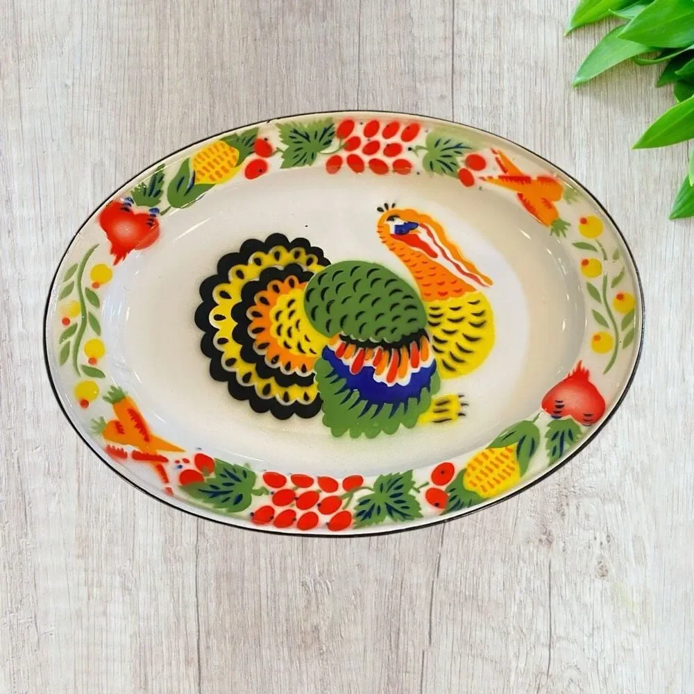 Vintage Large Enamelware Turkey Oval Platter Hand Painted Thanksgiving Decor 17.